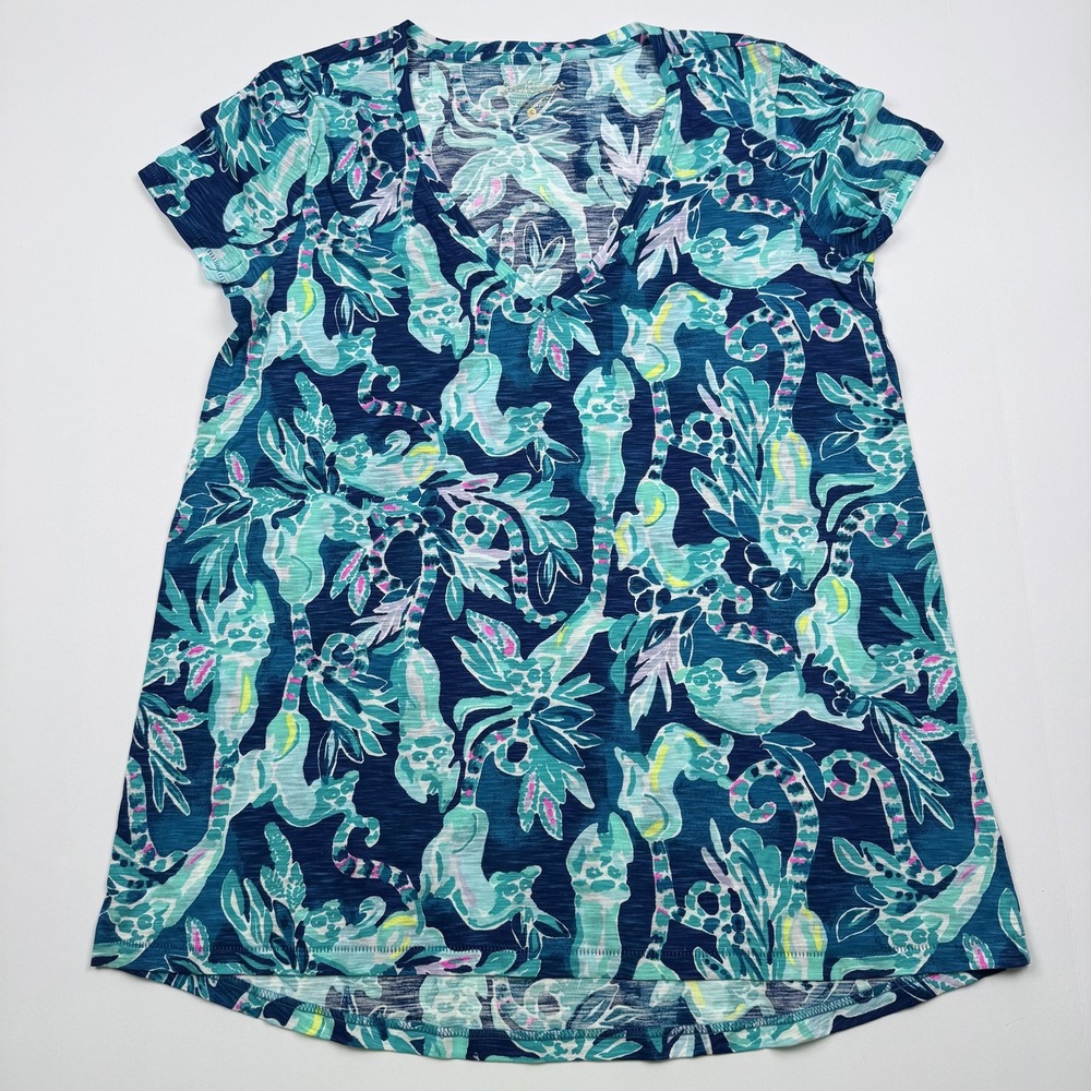 Lilly Pulitzer Shirt Womens S Blue Green Tropical Lemur Print V Neck Cotton